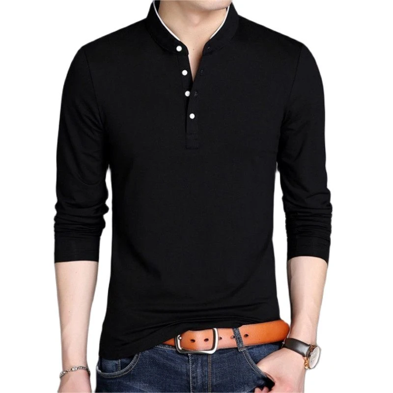 Spring Men's Long Sleeve T Shirts Half Buttons Stand Collar Cotton ...