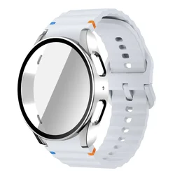 Silicone Band with Tempered Glass Screen Protector & PC Case Cover - Enhanced Watch Kit - Galaxy Watch 7 44mm (Light grey silver)
