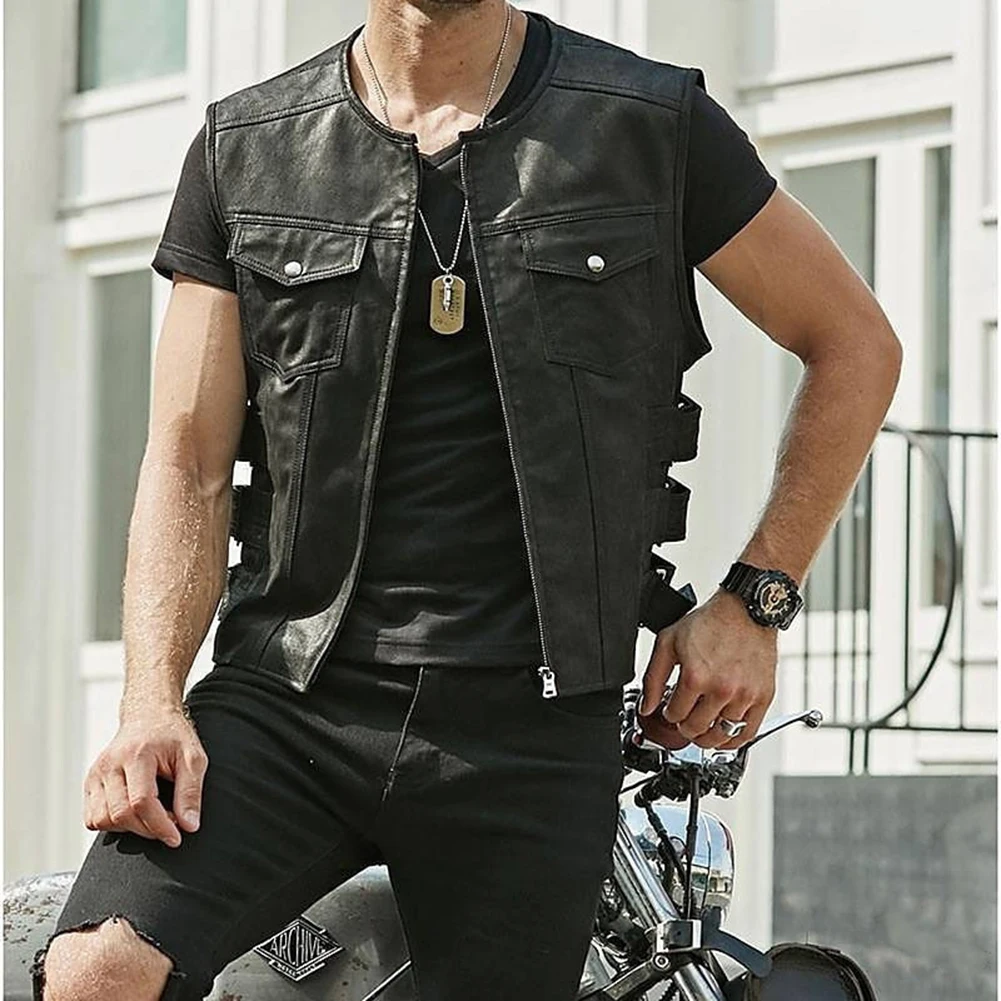 Modern Biker Faux Leather Waistcoat For Men  Motorcycle Black Vest With Multiple Club Pockets  Sleek And Sleeveless