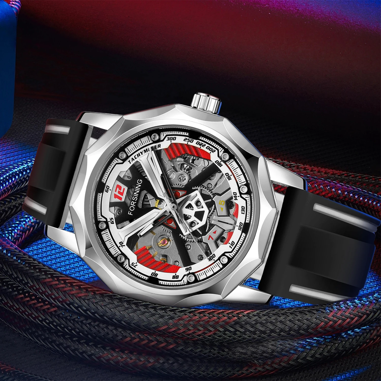 Designer Luxury Brands FORSINING Original Man Watches Steel Skeleton Mechanical Clock Waterproof Rubber Strap Fashion Thin Male