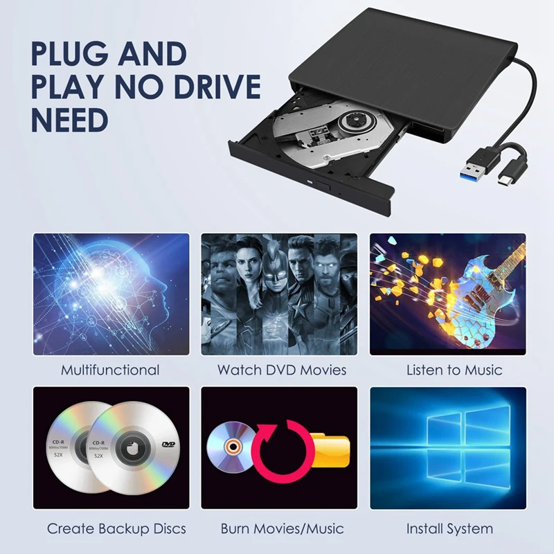 Y43A-External CD DVD +/-RW Drive, USB 3.0 & USB-C Portable CD & DVD ROM Burner Player Reader Writer Rewriter Disc Drive