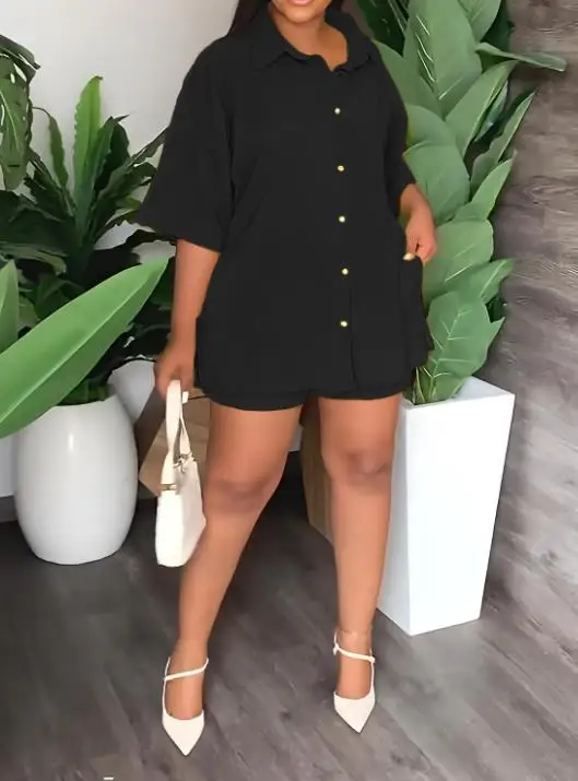 

Fashion Women's Shorts Set Summer 2023 Solid Color Lapel Button Long Shirt Casual Shorts Set Women's Two-Piece Set
