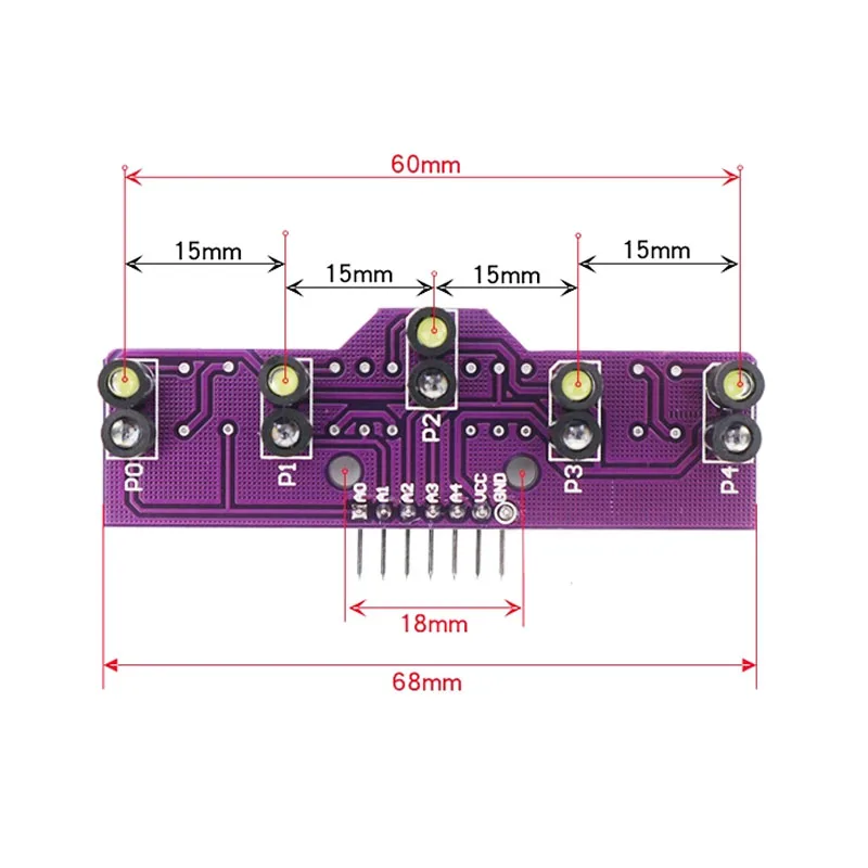 Gros plan sur les capteurs infrarouges du capteur de suivi de ligne analogique 5 voies, avec connecteurs et composants électroniques.