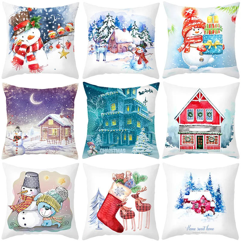 

Christmas Pillow Case Watercolor Cartoon Printed Cushion Cover Xmas Snowman Pillow Cover Christmas Gift Sofa Throw Pillowcase