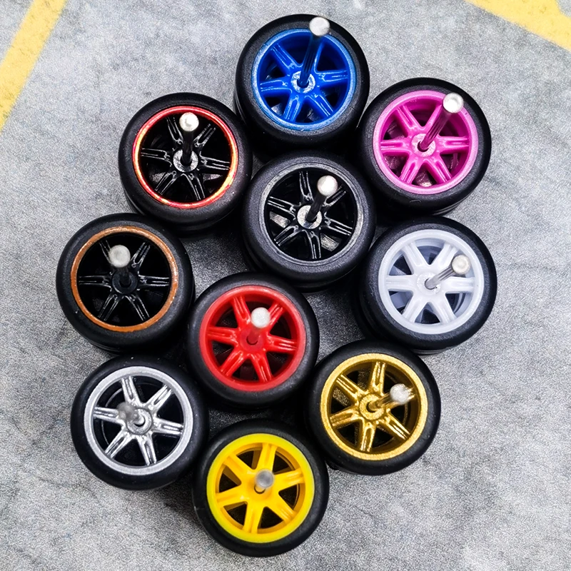킥카 1/64 휠 고무 타이어 스포크, 6 축 디테일업 개조 키트, 1:64 핫휠 모델 자동차 장난감 휠 키트, 4 개/백