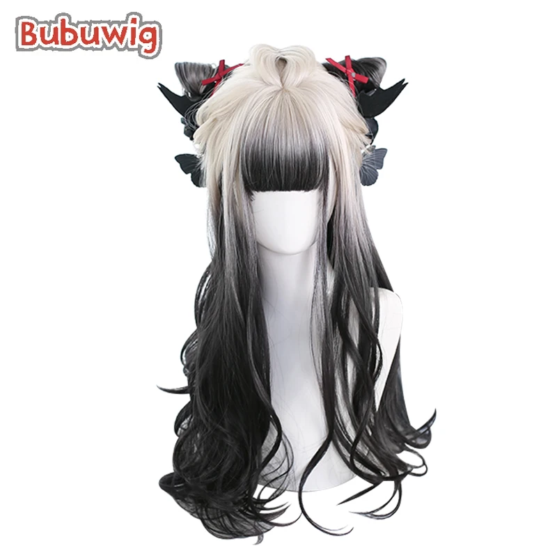 Bubuwig Synthetic Hair 89 Colors 60cm Long Curly Mixed Color Lolita Wig Ivory Gradient Black Wigs With Flat Bangs Heat Resistant ivory