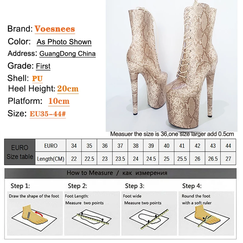 Super High Heel 20cm/8Inch Women Ankle Boots Snake Pattern Sexy Platform Strappy T-show Model Shoes Large Size Stripper Heels