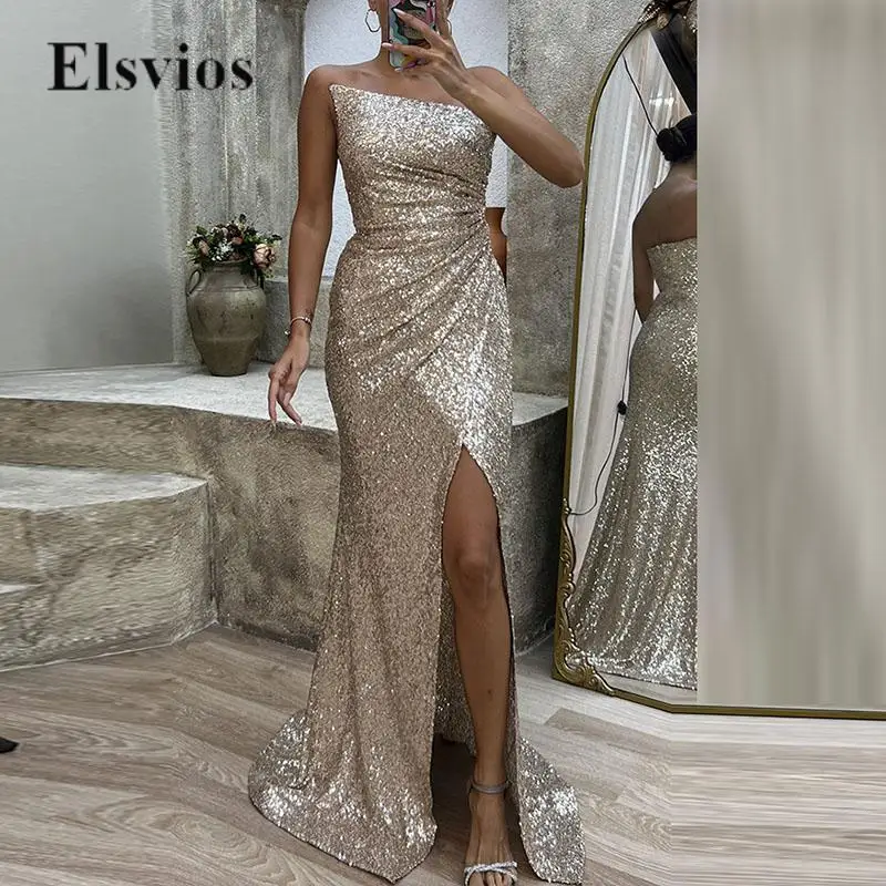 

High Fashion Maxi Evening Gown Elegant Strapless Off Shoulder Backless Party Dress Sexy Women Shiny Sequin Drape Slit Long Dress