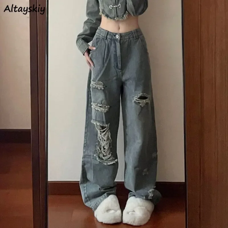 

Baggy Jeans Women Hole Streetwear Vintage American Style Ripped Chic Design Spring Young Denim College Fashion Hotsweet Leisure