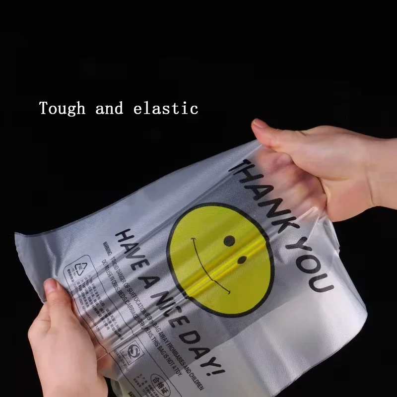 100/50 Pcs Plastic Food Storage Bags With Handle Transparent Shopping Fresh-keeping Carry Out Bags Smile Gift Kitchen Accessory