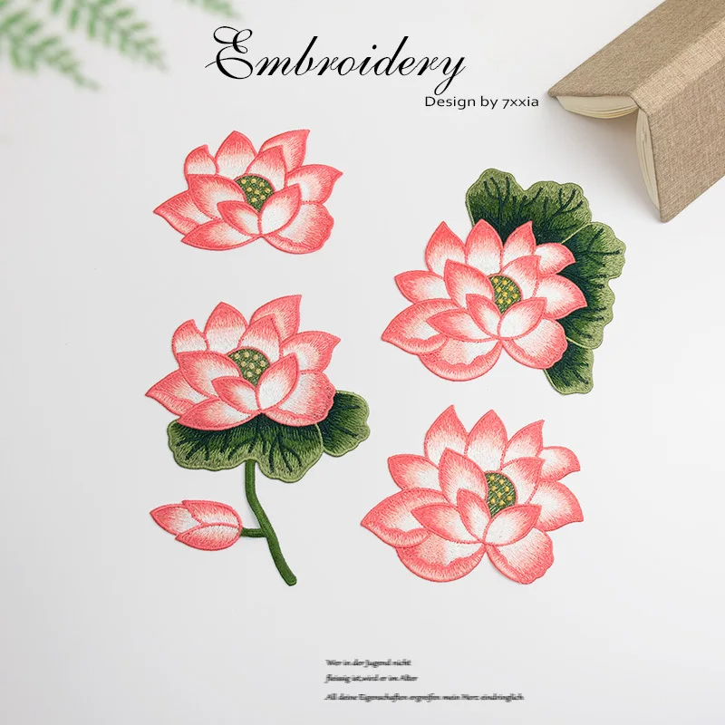 

Exquisite Water-soluble Lotus Embroidered Upmarket Fabric Patch For Clothing Chinese Style Sew On Cheongsam Repair DIY Material