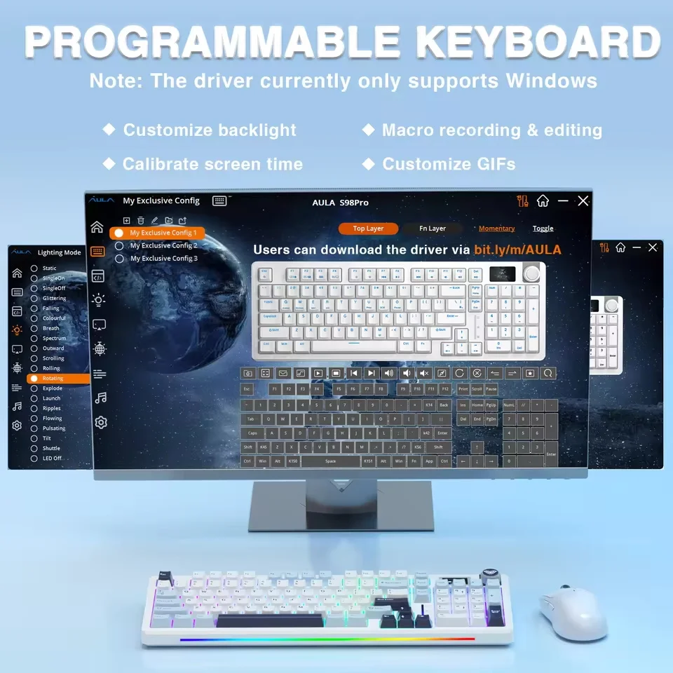 AULA S98pro 커스텀 기계식 키보드 3가지 모드 무선 핫스왑 가스켓 구조 RGB 백라이트 커스텀 게이밍 키보드 PC용