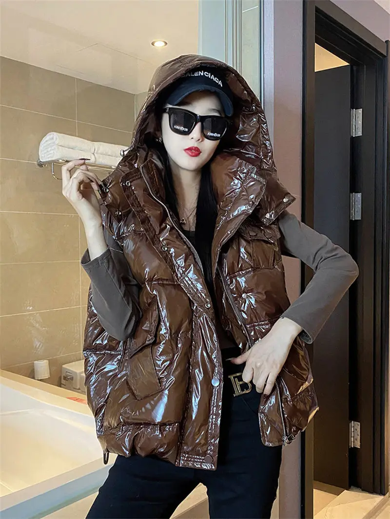 

Down Cotton Waistcoat Women's 2023 New Spring Korean Style Loose Hooded Coat Bright Face Vest Jacket Cotton Padded Clothes Z599