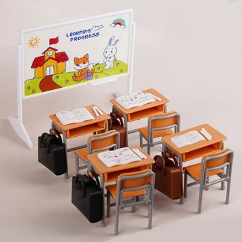 1Set 1:12 Casa delle bambole in miniatura Scrivanie Sedie Zaini Modello Lavagna Aula Decor Giocattolo Accessori per la casa delle bambole