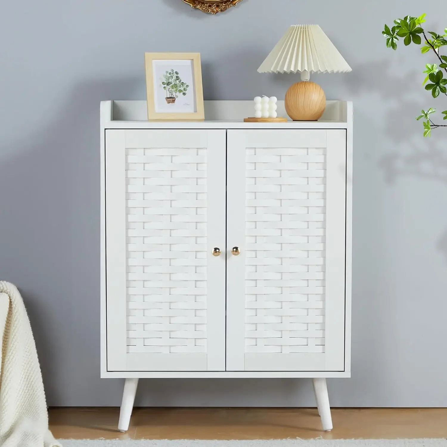 

Shoe Cabinet with Woven Doors, Shoe Storage Organizer with Adjustable Shelves, Wooden Shoes Rack Shoe Storage Cabinet