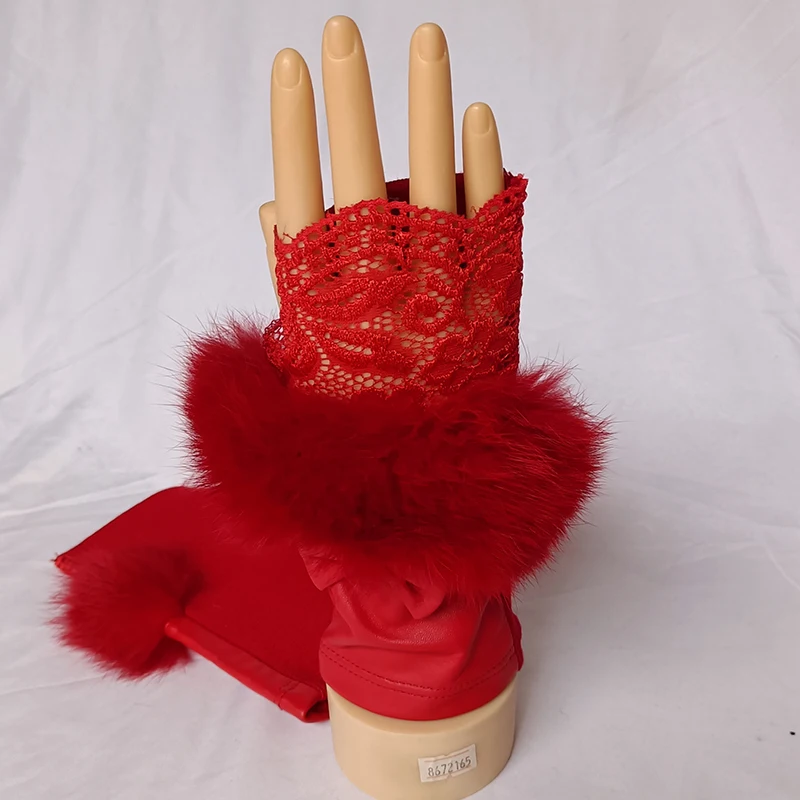 

Women Half Finger Real Sheep Leather Glove Fashion Winter Female Lace Gloves Ladies Knitted Sweater Hand Warmer