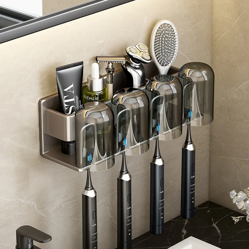 

Punch-free Wall Mounted Toothbrush Holder Aluminium Alloy Toothpaste Rack Bathroom Household Space Saving Bathroom Accessories