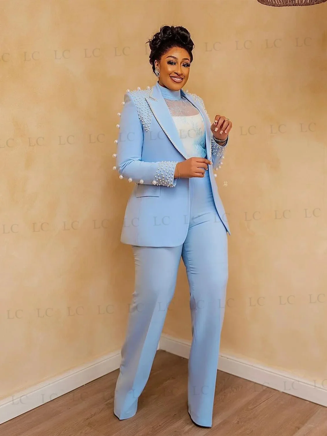 One Button Pearls Blue Beads Women Suits 2 Pieces Blazer Pants Peaked Lapel Tuxedo Prom Slim Plus Size Costume Homme