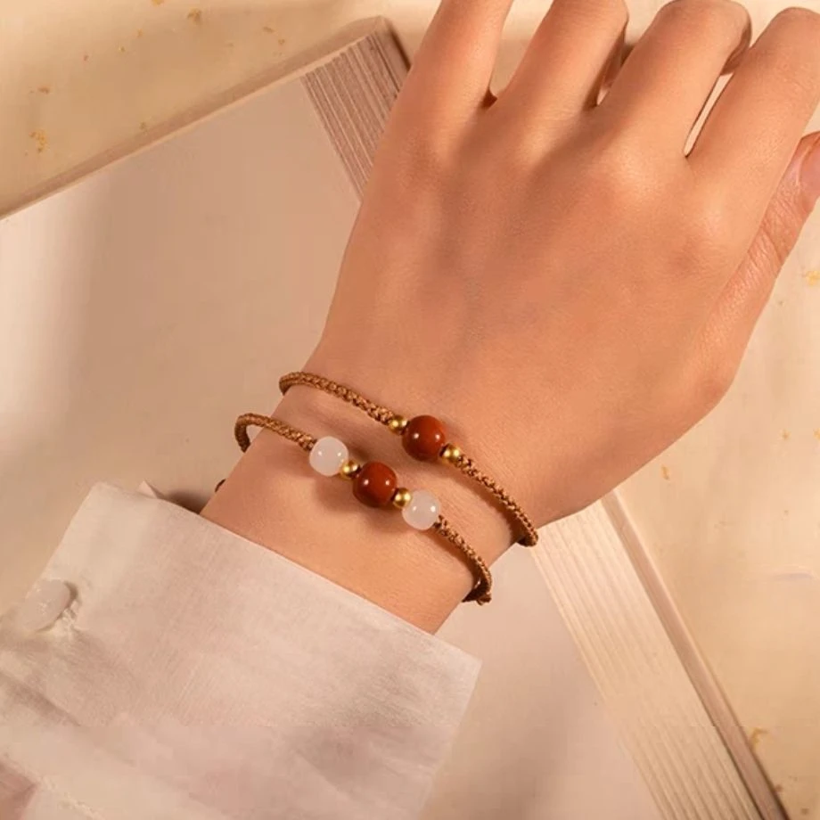 

Natural South Red Agate Hetian White Jade Custom Bracelet Simple Dunhuang Light Luxury Woven Lucky Carrying Strap