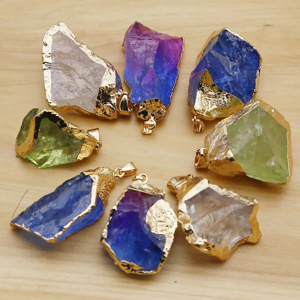 Natural Crystal Stone Multicolor Irregular Pendants Plating Phnom Penh Necklace Reiki Charms DIY Jewelry Making Accessories 6Pcs