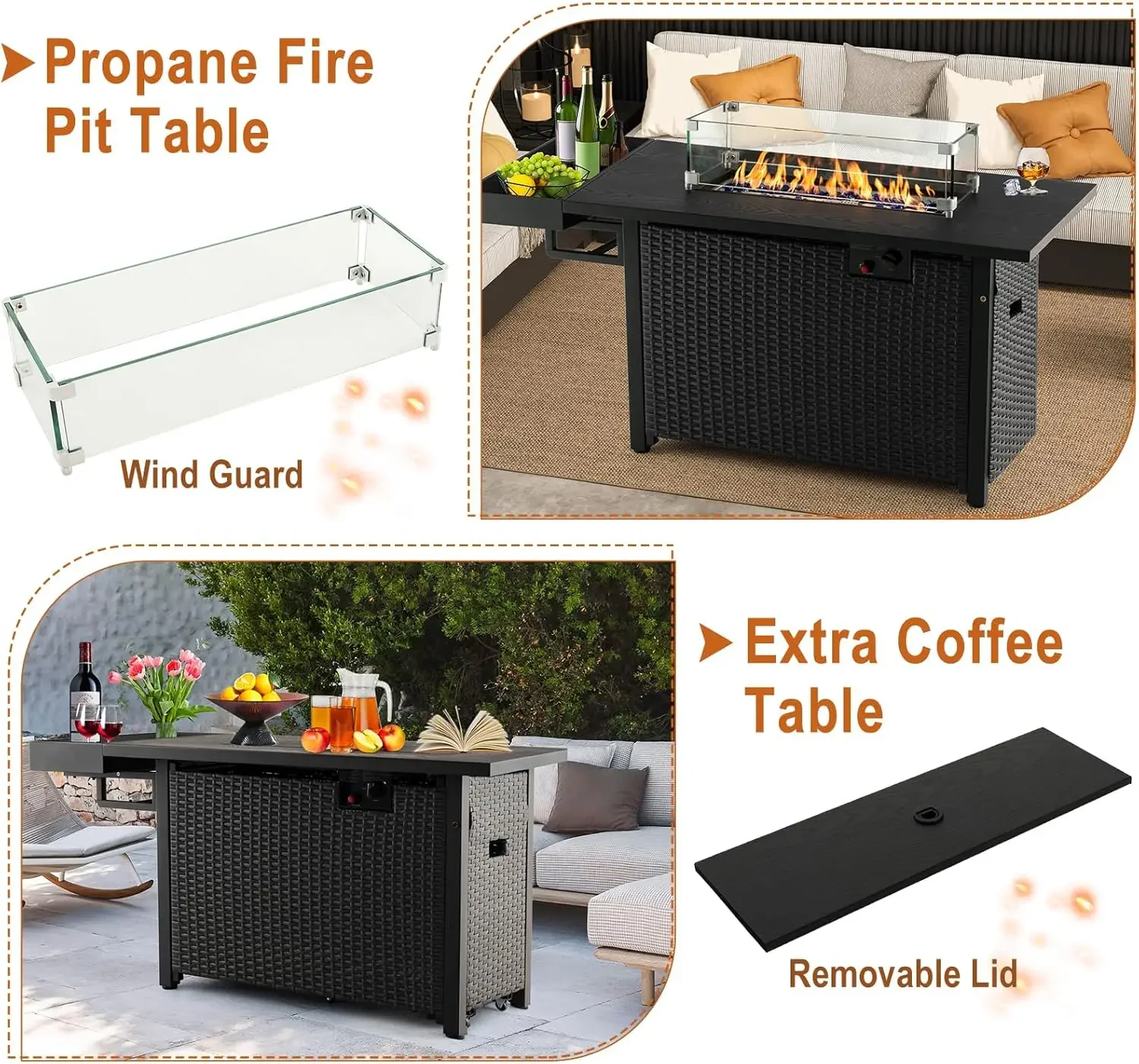 Giantex 52" Outdoor Propane Fire Pit 50,000 BTU Wicker Patio Gas Fire Table Lid Waterproof Cover Tempered Glass Wind