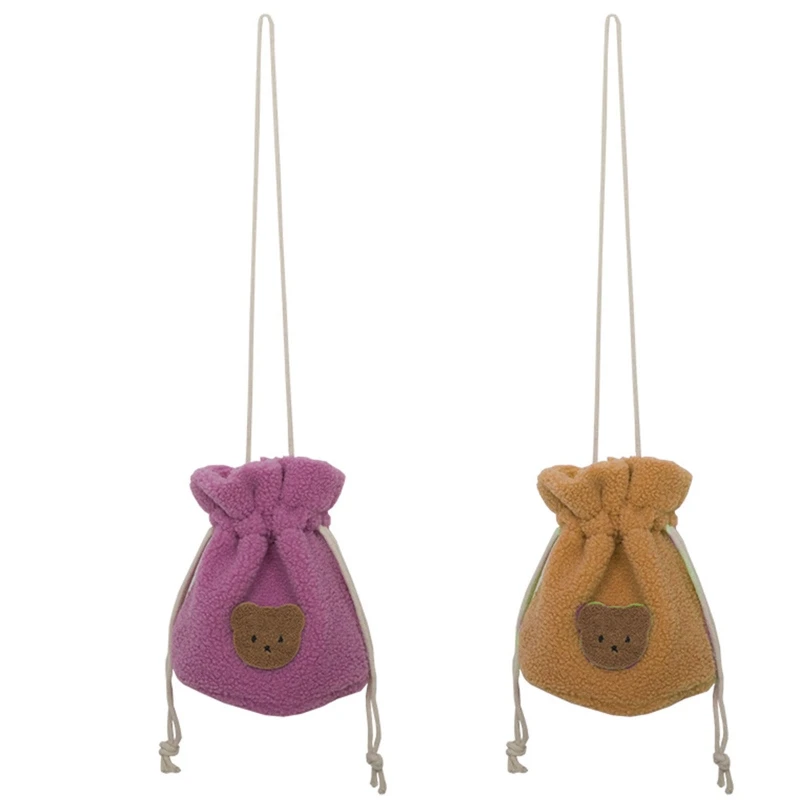 

Ladies Cartoon Bags Plush Drawstring Bucket Tote Mini Shoulder Bag Women Purse Bear Crossbody Bag