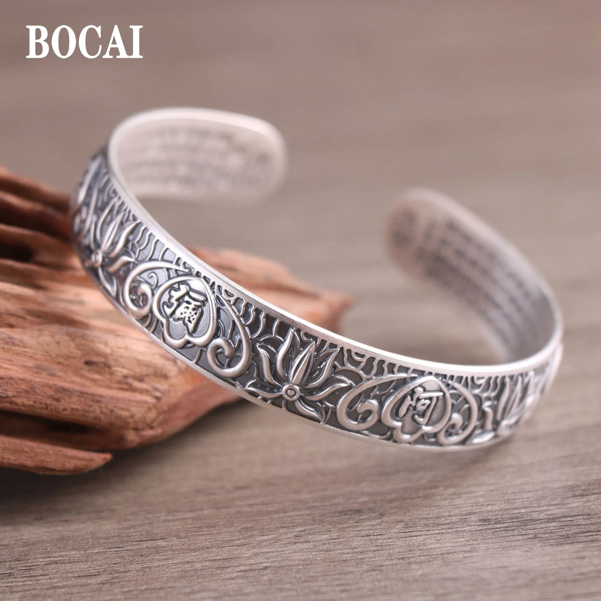 

BOCAI Real S999 Silver Jewelry Buddhism Lotus Six-Character Mantra, Vintage Solid Men and Women Bracelet Trendy Gifts