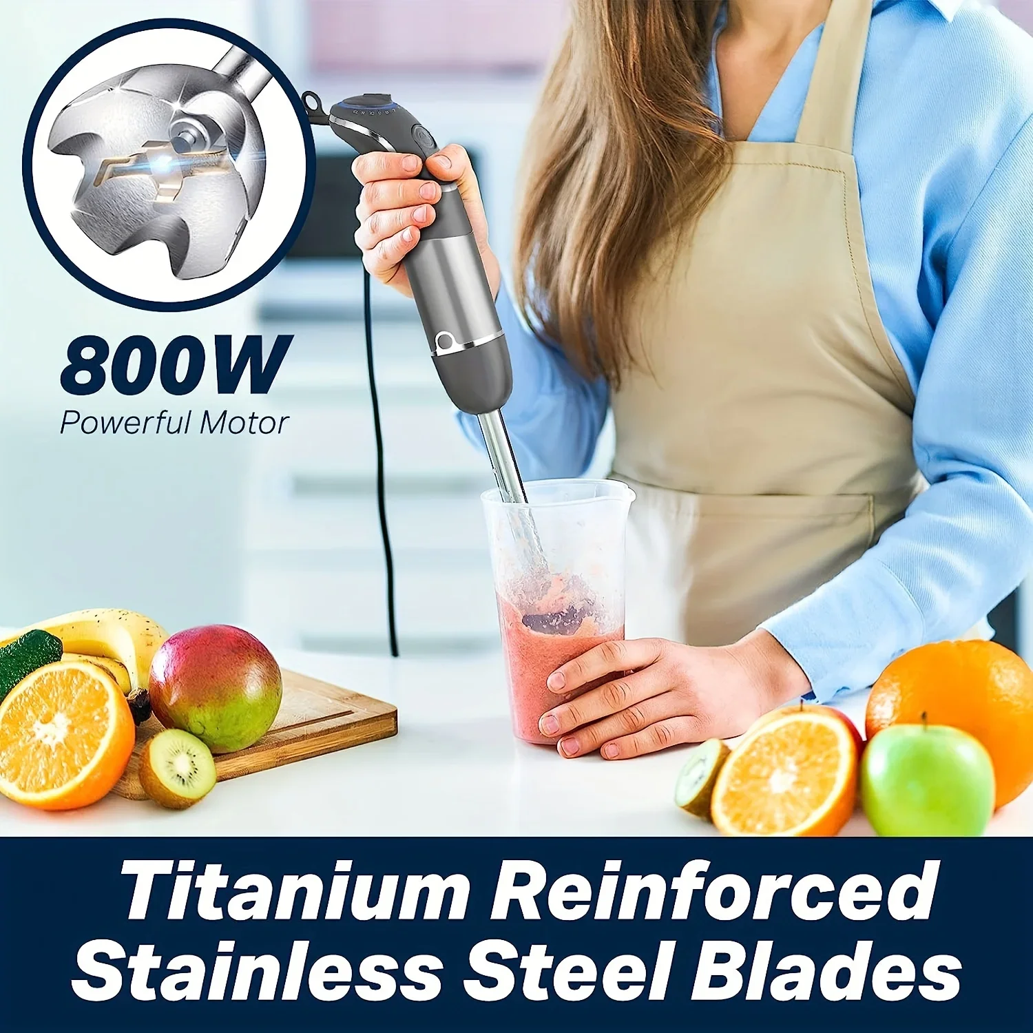 US Plug Intelligent Rod 800W,12 Speed and Turbo Mode,Heavy-Duty Copper Motor Immersion Mixer,Titanium Steel Blade Manual Mixer