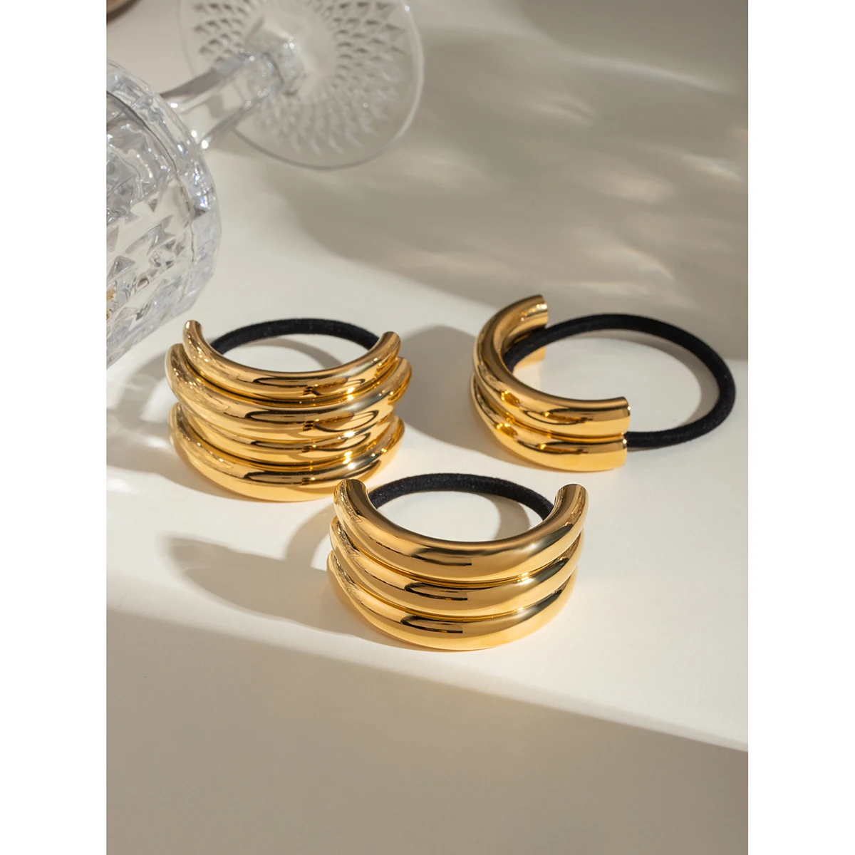 Stainless Steel 18K Gold Plated U-shaped Multi-layer Hollow Steel Tube Black Rubber Hair Bands Hair Rope Ponytails Buckle