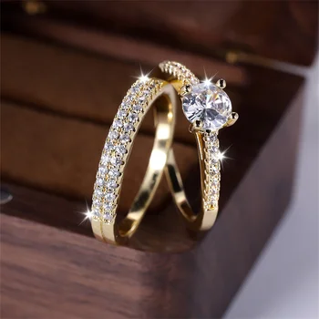 White Zircon Stacking Couple Ring Set 2pcs Female Round Gold Color Bridal Rings For Women Wedding Bands Party Jewelry CZ