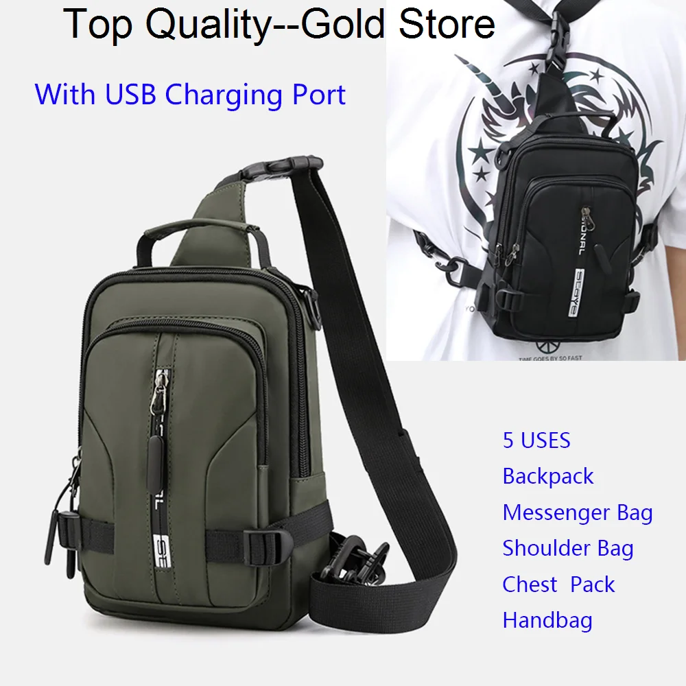 

Men Nylon Backpack Rucksack Knapsack Chest Pack Bags USB Charge Port Male Military Single Messenger Bag Daypack