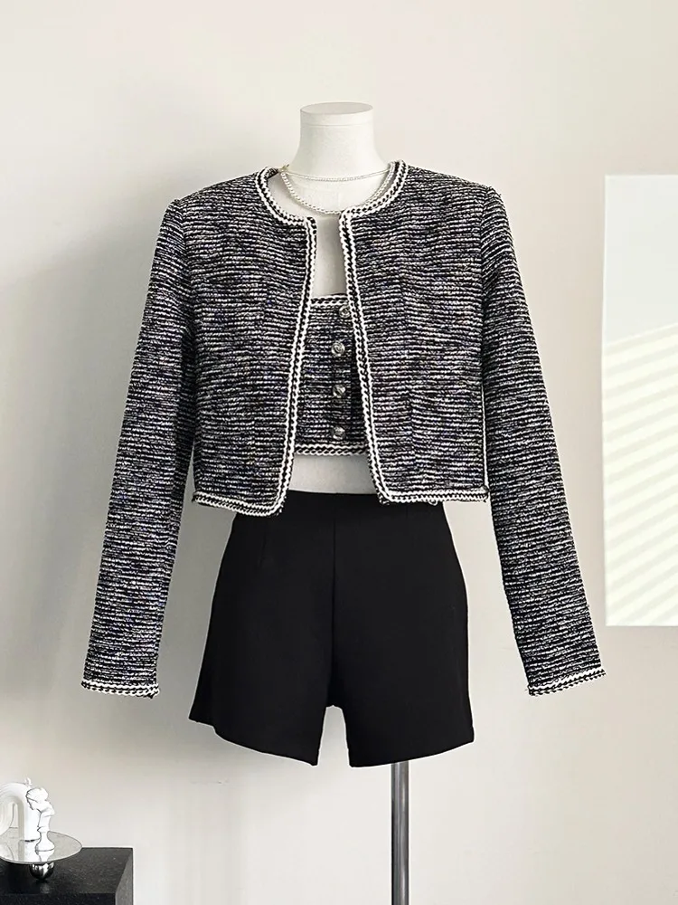 

Женский твидовый костюм из двух предметов, шерстяное пальто и бюстгальтер во французском стиле, Офисная верхняя одежда