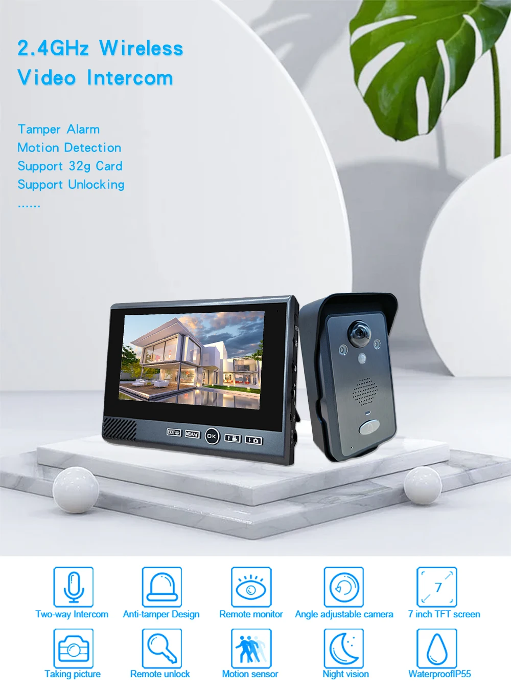 7" 2.4GHz Home Wireless Video Doorbell Office Tamperproof Wireless Vi