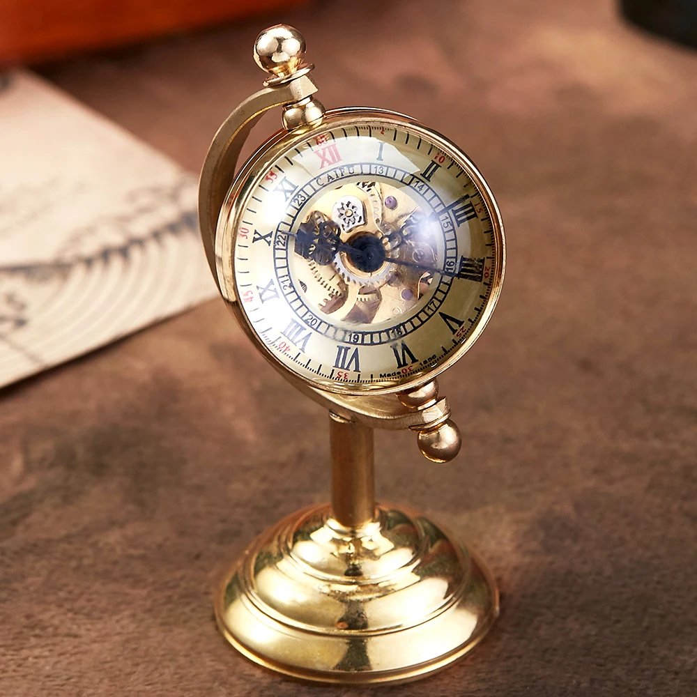 New Arrival Globe Mechanical Pocket Watch Gold Creative Men's Desk Clock Unique Transparent Copper Desk Clock reloj hombre Gifts