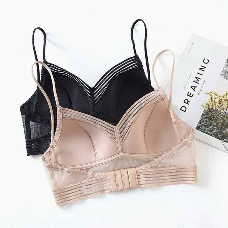 Backless Strapless Bra Push Up Plus Size Women Bralette Wire Free Sexy Lace  Thin Dots Mesh Lingerie Brassiere Low Back Underwear