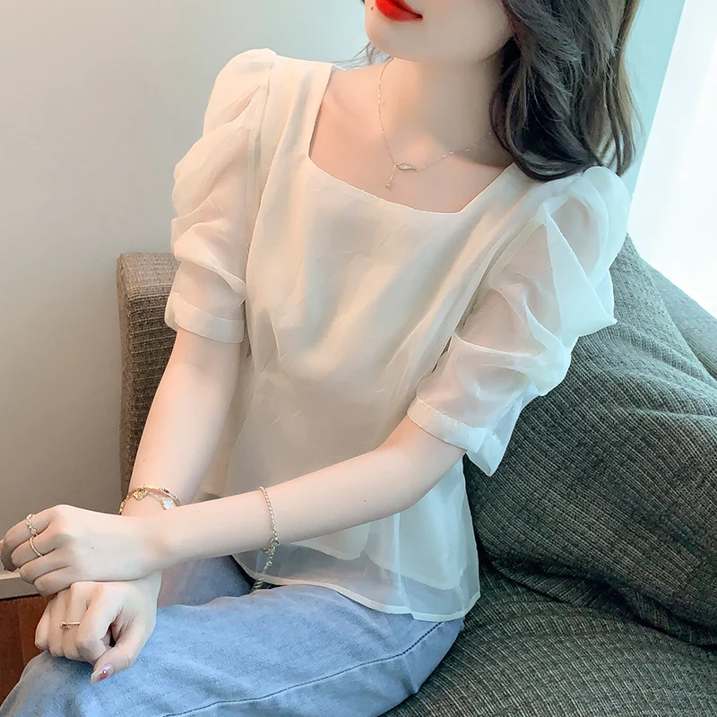 

Elegant Square Collar Women Blouse 2022 New Fashion Summer Tulle Puff Short Sleeved Blouses Office Ladies Casual Shirts Tops