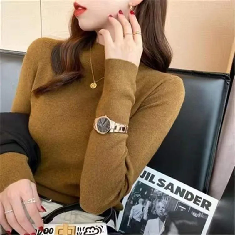 

Vintage Knitted Sweater For Women's Spring Autumn 2023 New Semi-High Neck Jumper Bottoming Top Slim Basic Pullover Sweater Lady