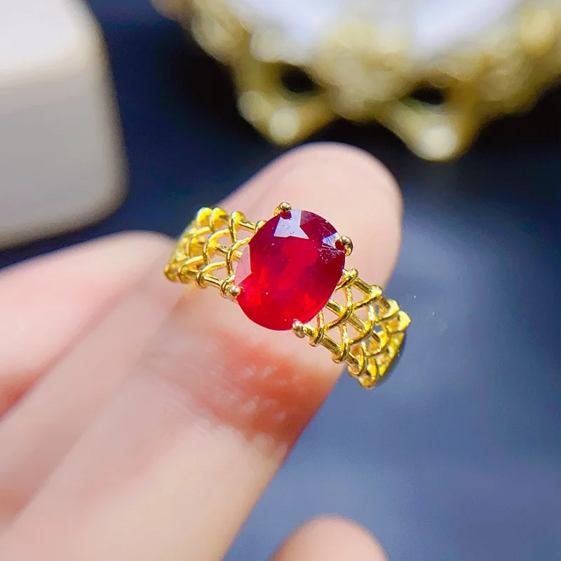 

Luxury 925 Silver Women's Real Pigeon Blood Red Ruby Women's Ring Adjustable Size with Certificate 9x7mm 18K Yellow Gold