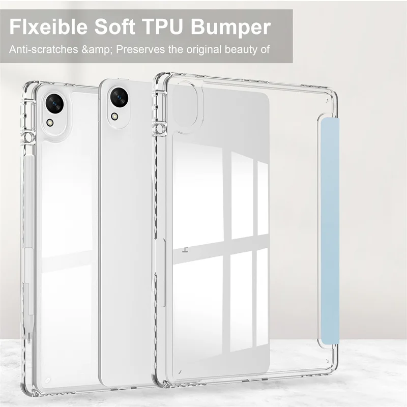 Enhanced Trifold Stand Tablet Case with Pencil Holder and Clear Acrylic Back Cover