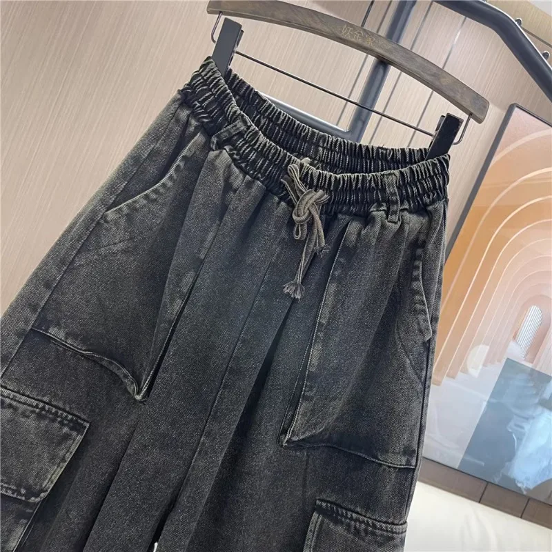 여성용 캐주얼 면 크롭 팬츠, 드로스트링 레이스업, 헐렁한 데님, 블랙 오버사이즈 용수철, 레트로 패션, 2024 신상