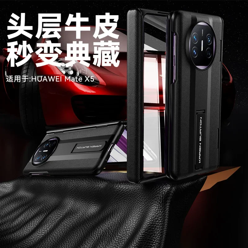 

Anti-peeping Tempered Glass Film Case Genuine Leather Material Case for Huawei Mate X5 Case