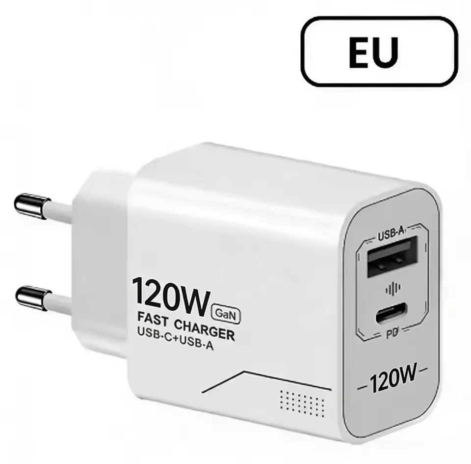 120W Dual-Port GaN USB-C Fast Charging Wall Adapter with US/EU Plug