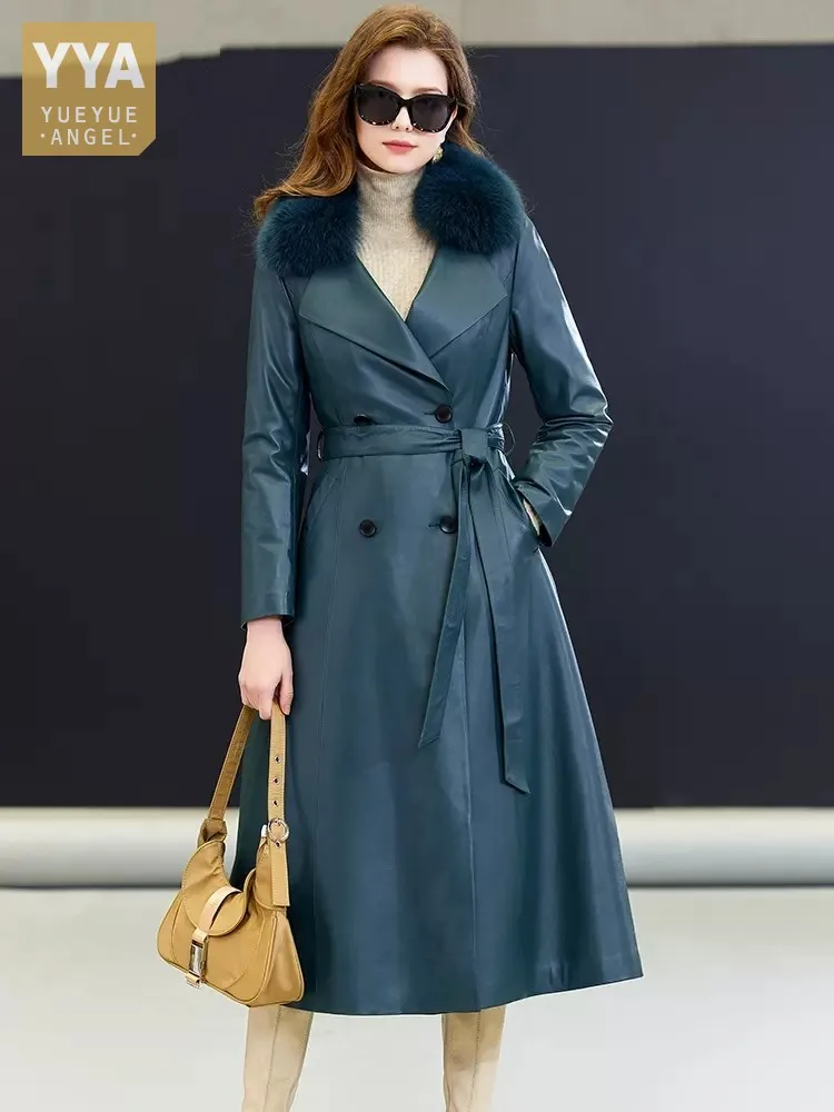 Italian Designer Women Fox Fur Collar Long Down Coat Double Breasted Belted Sheepskin Genuine Leather Jacket Winter OL Trench
