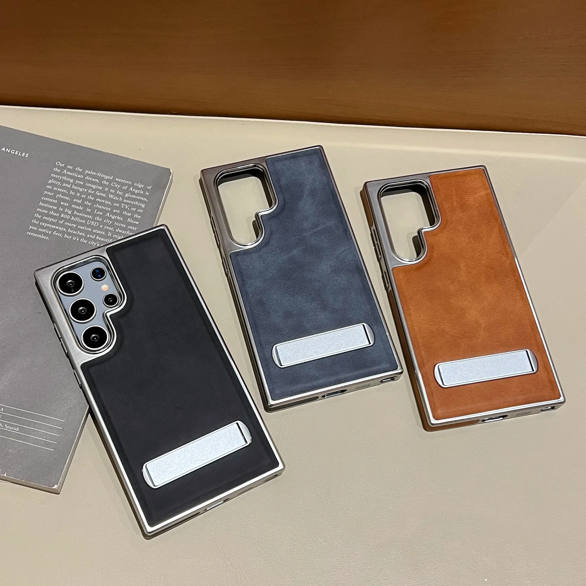 Luxury Leather Electroplating Kickstand Case for Samsung Galaxy S24 Ultra S23 FE S22, Hard Protection Cover, Hidden Stand Conque