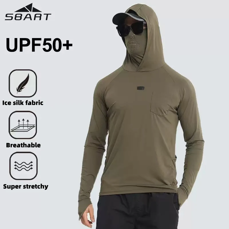남성용 UPF50+ 아이스 실크 속건 낚시 썬셔츠 내장형 이어루프 페이스 마스크 엄지손가락 구멍 선글라스 클립 큰 사이드 폰 포켓