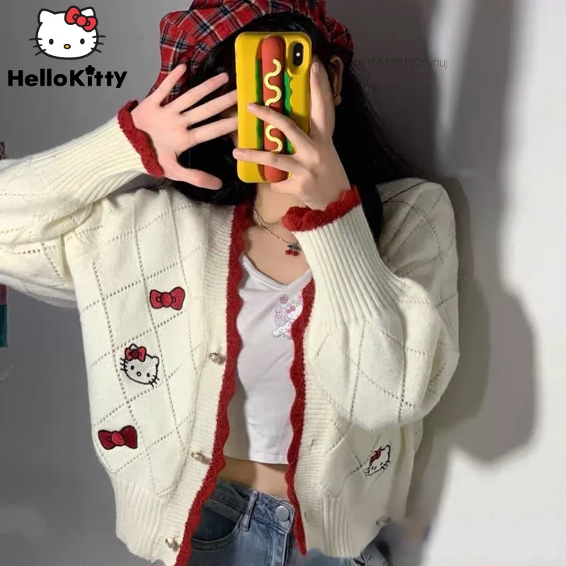 Y2k 산리오 헬로 키티 패턴 여성 가디건, 루즈 스웨터, 학생 프레피, 스위트 걸, 귀여운 니트웨어, 올매치 소프트 탑