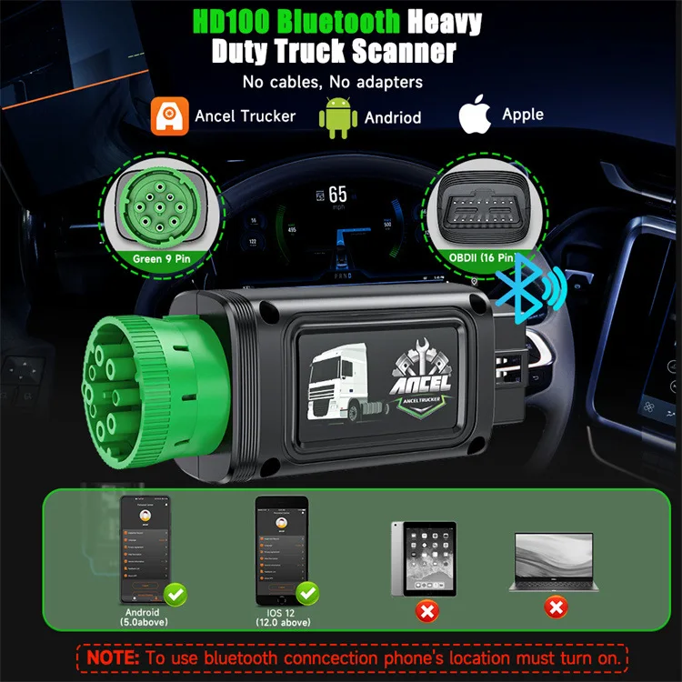 

ANCEL HD100 Diesel Heavy Duty Truck Scanner Bluetooth All System DPF Regen 9/12 Pin Truck Diagnosis Tool for Cummins Caterpillar