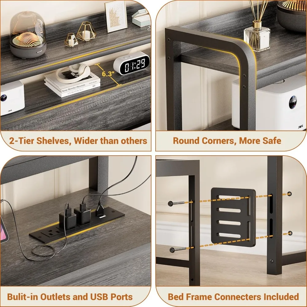 Headboard for Queen Size Bed Frame, Headboards with Outlets, USB Ports and LED Light, Head Board with Storage, Height Adjustable