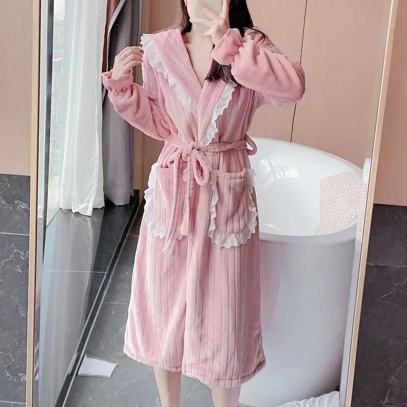 

Fleece Sleepwear Lace Pajama Nightdress Belt Wears Robe Sleeve for 2023 Night Women Long Solid Homewear Warm Winter Nightgown