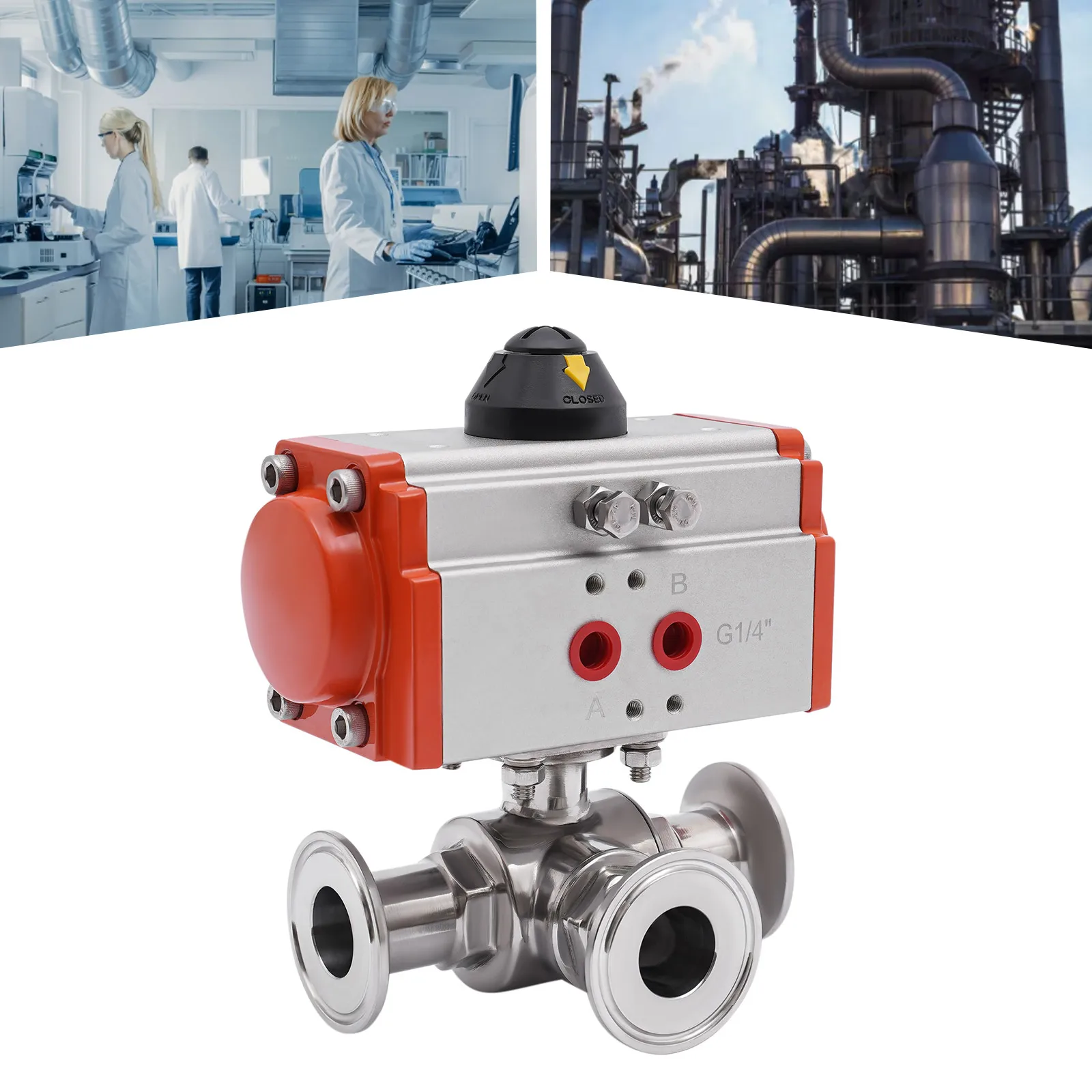 3-Way Pneumatic Ball Valve Sanitary Tri-Clamp Stainless Ball Valve 1"/1.5"/2"